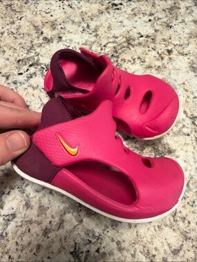Nike Kids Baby Hot Pink and Maroon Slip-On Velcro Sandals with Orange Swoosh